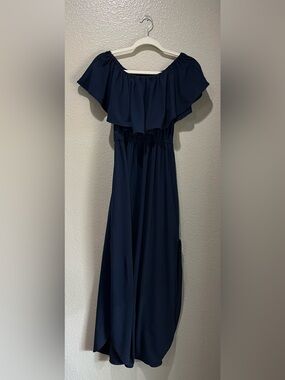 THANTH Off-Shoulder Navy Maxi Dress Ruffle Bodice Sz XS Side Slits Boho TC0364
